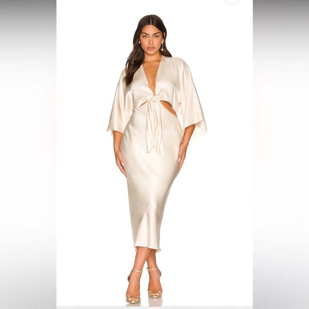 La Lune Tie Front Bias Midi Dress in Cream - Shona Joy